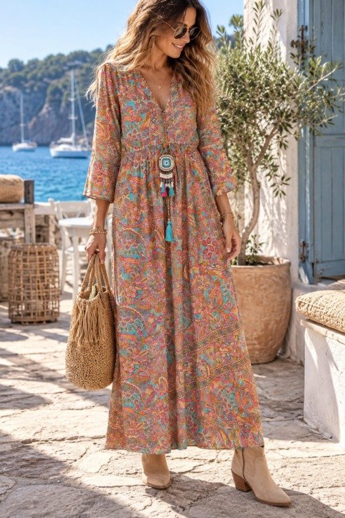Robe longue bohème en soie Les nouveautés motif floral