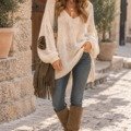 Robe pull en maille écrue à détails léopard portée sur un jean avec des bottes camel